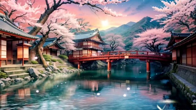 Fantasy traditional Japanese house with a bridge over a beautiful river. Japanese anime countryside background. Seamless looping virtual animation