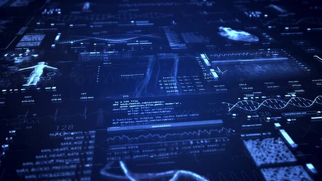 Medical HUD monitor.DNA.Heard rate monitor. Analyzing cardiac diagnosis. Futuristic Technological Interface. Sceleton MRI x ray Scan, 3D Model Animation.Healthcare.Blue 2