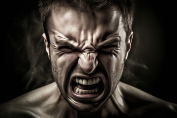Dark portrait of angry caucasian man, screaming in rage. Expressing anger of an adult in the throes of furious aggression. Negative emotions: man shouts in pain. Powerful scream. - obrazy, fototapety, plakaty