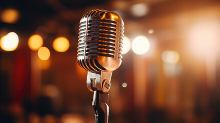 a microphone for singing stands on stage in the bright light of spotlights, performance, stand-up concert, karaoke, music, technology, device, hall, rehearsal, acting, show, broadcast, theater, club