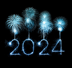 2024 happy new year fireworks celebration written sparkling at night