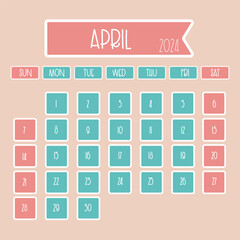 Fototapeta premium April 2024 monthly calendar design with thin font where week starts from sunday