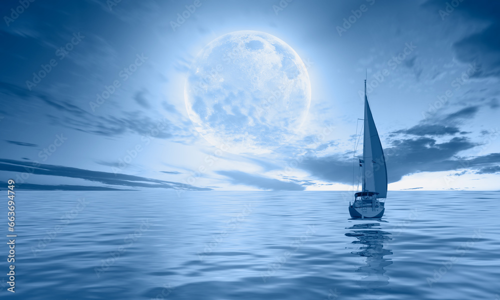 Poster lone yacht with super full moon 