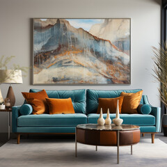 a teal velvet couch with pillows 

