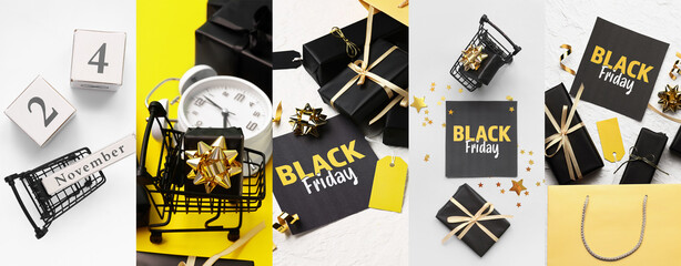 Collage for Black Friday sale on light and yellow backgrounds