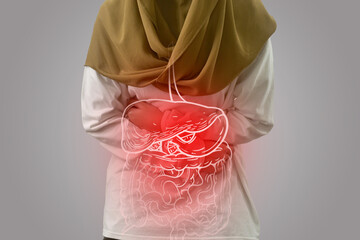 Digital composition of internal digestive system with highlighted red inflammation on sick person, woman with stomach pain, health and medical