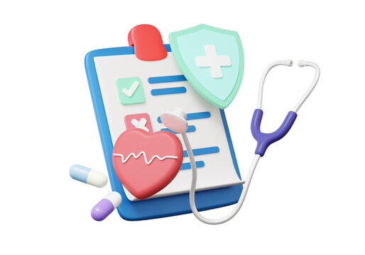 Stethoscope healthcare checkmark on isolated background. Clipboard paper health checkup heartbeat medical doctor concept. diagnosis protection insurance report information service. 3d rendering
