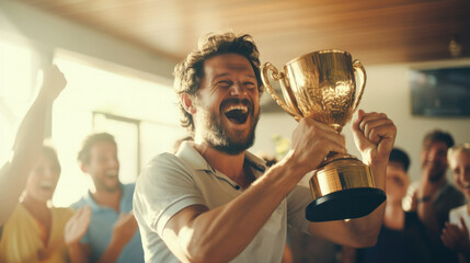 A businessman with a gold trophy, celebrating with his team in the office, captured against a blurred background. - obrazy, fototapety, plakaty
