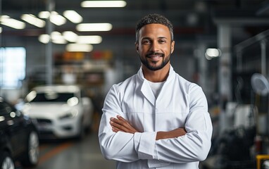 Obraz premium man examining car engine. Auto mechanic working in garage.Car Mechanic Detailed Vehicle Inspection. Auto Service Center Theme
