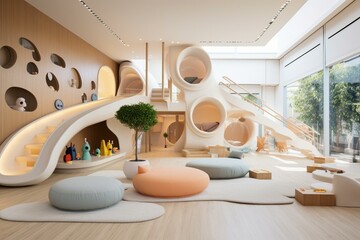 A contemporary play area with a fashionable and aesthetically pleasing interior design. Generative AI