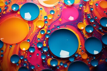 Abstract, colorful oil droplets in water form a psychedelic pattern with a gradient background and abstract design. Generative AI