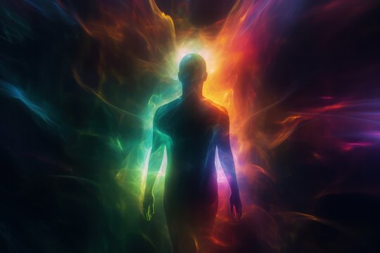 Anonymous person human body with blurred colourful aura around and crowd. Meditation, inner world, esoretic energy