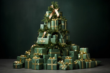 Festive Christmas tree made of stacked green presents and gifts
