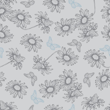 Seamless pattern with hand-drawn daisies and butterflies on a gray background in the style of line art. Graphic botanical drawing for textiles