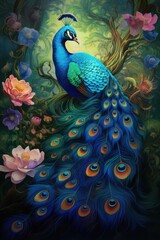 peacock and flowers digital art
