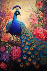 peacock and flowers digital art