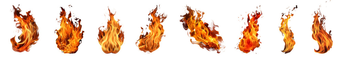 Set of realistic fire flames isolated on transparent background. Generative AI - obrazy, fototapety, plakaty
