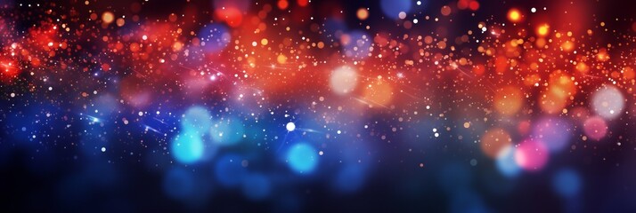 abstract holiday background panorama. red and blue blur bokeh on a black background panoramic view. new year and christmas. decorative empty design element. party background with red circles.