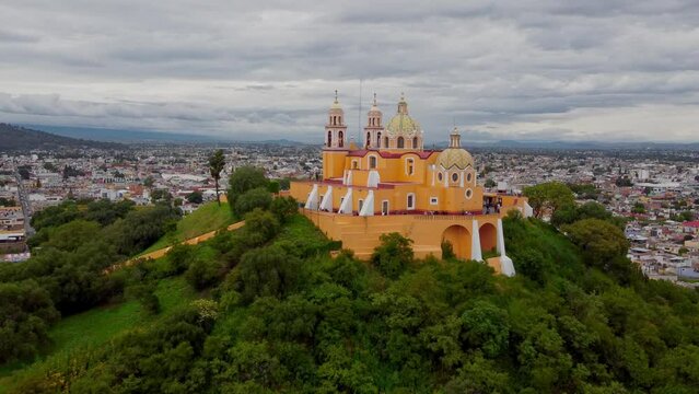 Church Cholula Puebla Mexico Night iglesia Santuario de la Virgen de los Remedios on Pyramid drone View night day Timelapse Cempasuchil Fields