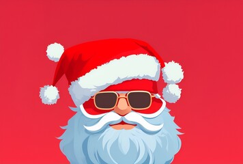 Cool Santa Claus face with beard and Christmas hat, santa claus vector cartoon on red background