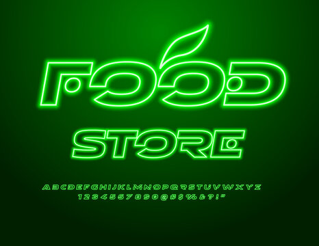 Vector advertising banner Food Store. Futuristic Green Font. Bright Trendy Alphabet Letters and Numbers