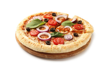 Board of tasty pizza with basil and tomatoes on white background