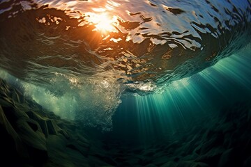 Underwater sunlit ocean waves with ripples. Generative AI