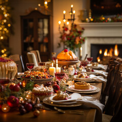 Thanksgiving and christmas table setting with decorations