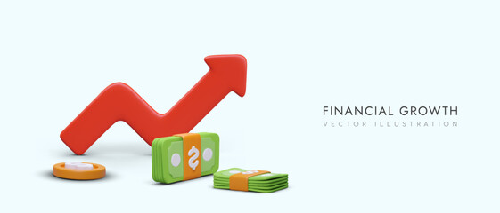 Poster with arrow, banknotes and coin. Concept of financial growth. Business investment to success. Development progress. Vector illustration in 3d style