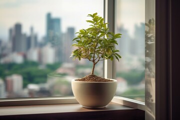 A small tree in a bowl on a windowsill, with a city view through a window frame. Generative AI