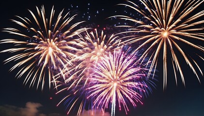 A vibrant kaleidoscope of fireworks illuminates a midnight sky, exploding in a symphony of colors and patterns to celebrate the arrival of a new year, 2024.