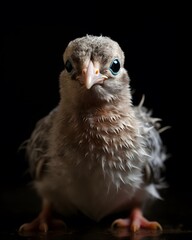 Close up portrait of a cute dove chick with piercing eyes on a black background
