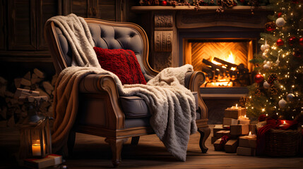 Fireside Bliss, Cozy Chair by a Warm Fireplace during Christmas Holidays