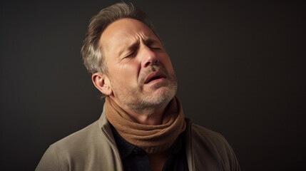 Obraz premium Sick man. Flu, cough, cold. Sneezing. Virus, allergic. Health care concept in tired face expression