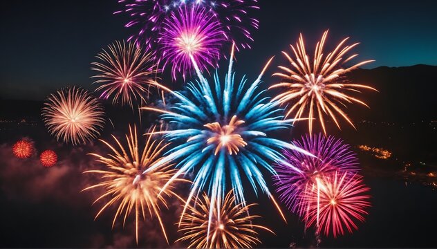 A vibrant fireworks display lights up the new years night sky, painting it with a kaleidoscope of colors and patterns