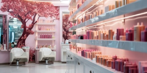A neatly arranged cosmetics shop gives the impression of being clean and comfortable - obrazy, fototapety, plakaty