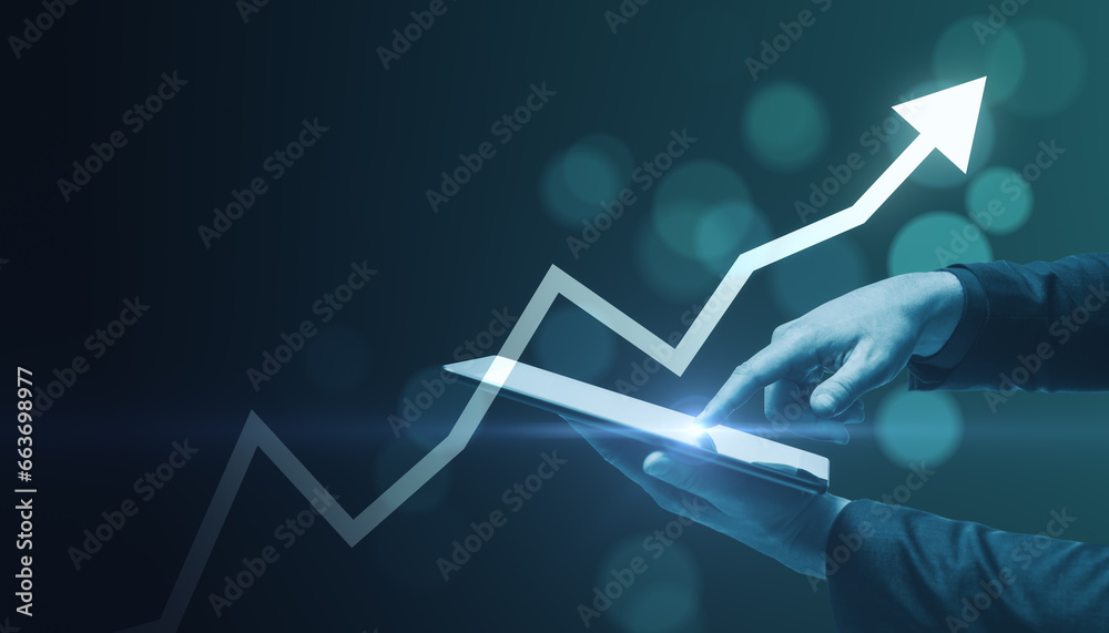 Poster close up of businessman hand pointing at smartphone with creative glowing upward arrow on blurry glo