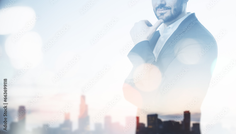Poster thoughtful young european businessman standing on abstract bokeh city background with light mock up 