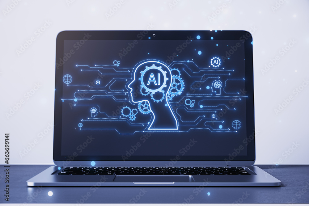 Poster Close up of laptop with creative AI head outline hologram with circuit on blurry background. 3D Rendering.