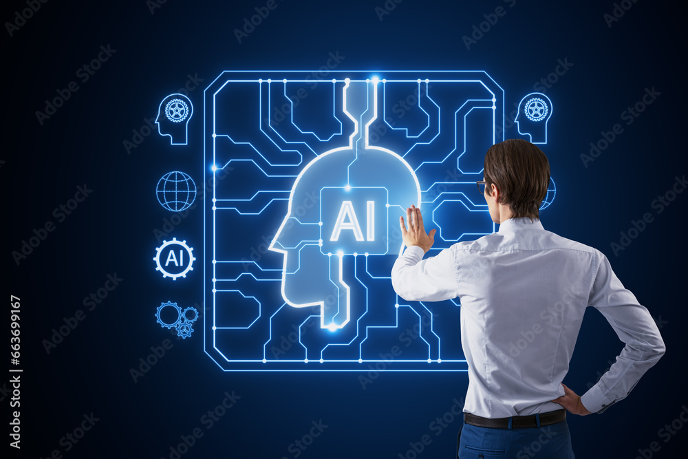 Poster back view of businessman using creative ai head outline hologram with circuit on blurry blue backgro