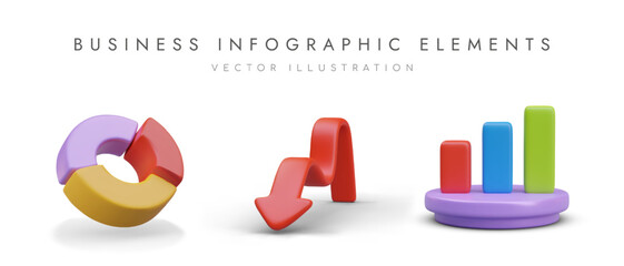 Histogram, pie chart and arrow in red, purple and green colors. Concept of business elements with shadow. Vector illustration in 3d style and place for text