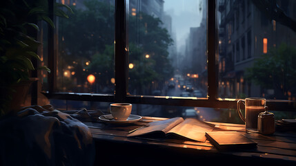  a moment of a lofi-style rainy day with a view through a rain-splattered window, featuring a cozy reading nook with a blanket and a steaming cup of tea, evoking a sense of comfort and tranquilit - obrazy, fototapety, plakaty