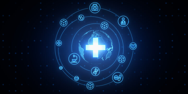 Creative glowing blue medical hologram with cross and globe on dark background. Science, healthcare system and futuristic pharmacy concept. 3D Rendering.