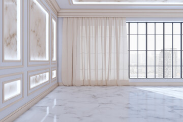 Clean luxury interior with window, city view and curtains, classic decorative walls, daylight and marble flooring. 3D Rendering.