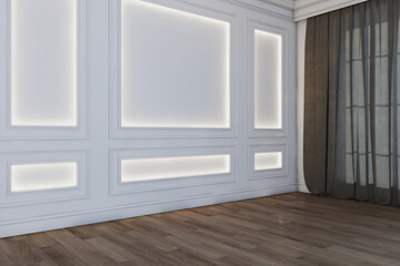 Contemporary luxury interior with window and curtains, classic decorative concrete walls, daylight and wooden flooring. 3D Rendering.