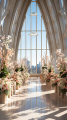 Fototapeta na wymiar Sacred Serenity: A Majestic Church Aisle Adorned for a Wedding,interior of the church
