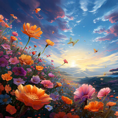 Fototapeta na wymiar A beautiful field of flowers with flying petals