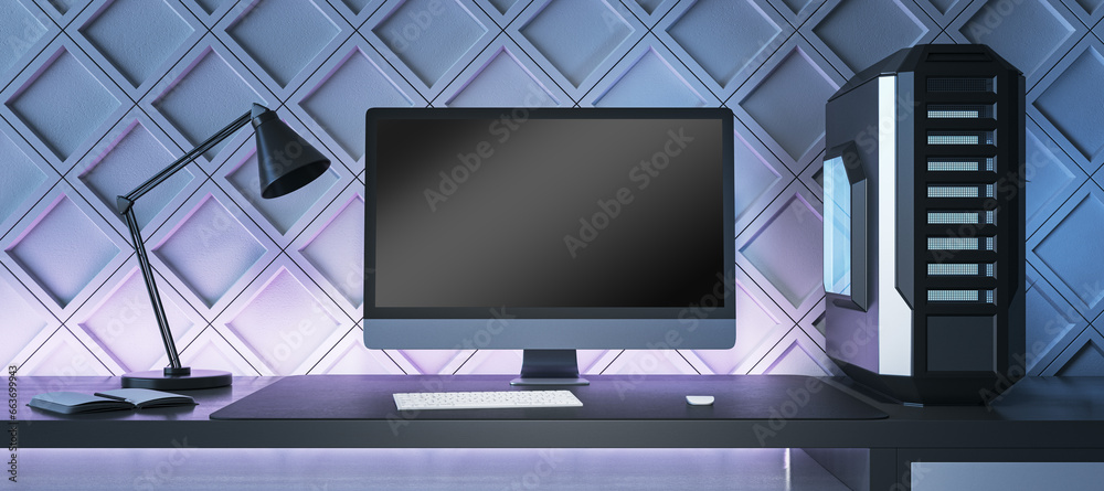 Poster Creative gamers desktop with empty computer screen, lamp and system unit on decorative blue wall wallpaper. Gaming concept. Mock up, 3D Rendering.
