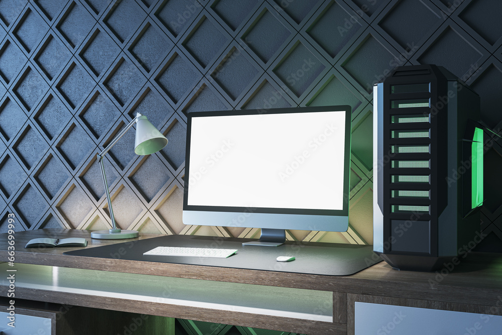 Poster Creative gamers desktop with empty white computer monitor, lamp and system unit on decorative black wall background. Gaming concept. Mock up, 3D Rendering.