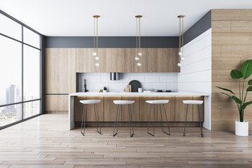 Clean wooden kitchen interior with furniture and panoramic window with city view and daylight. 3D Rendering.